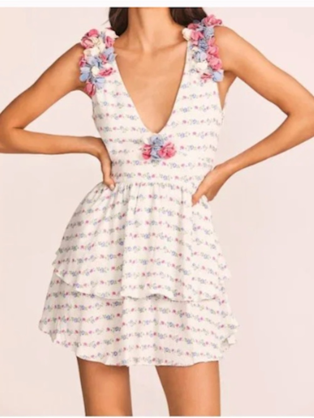 LoveShackFancy Shayna Mini Dress NWT Lilac Cream Floral Tiered Boho dress Size 0